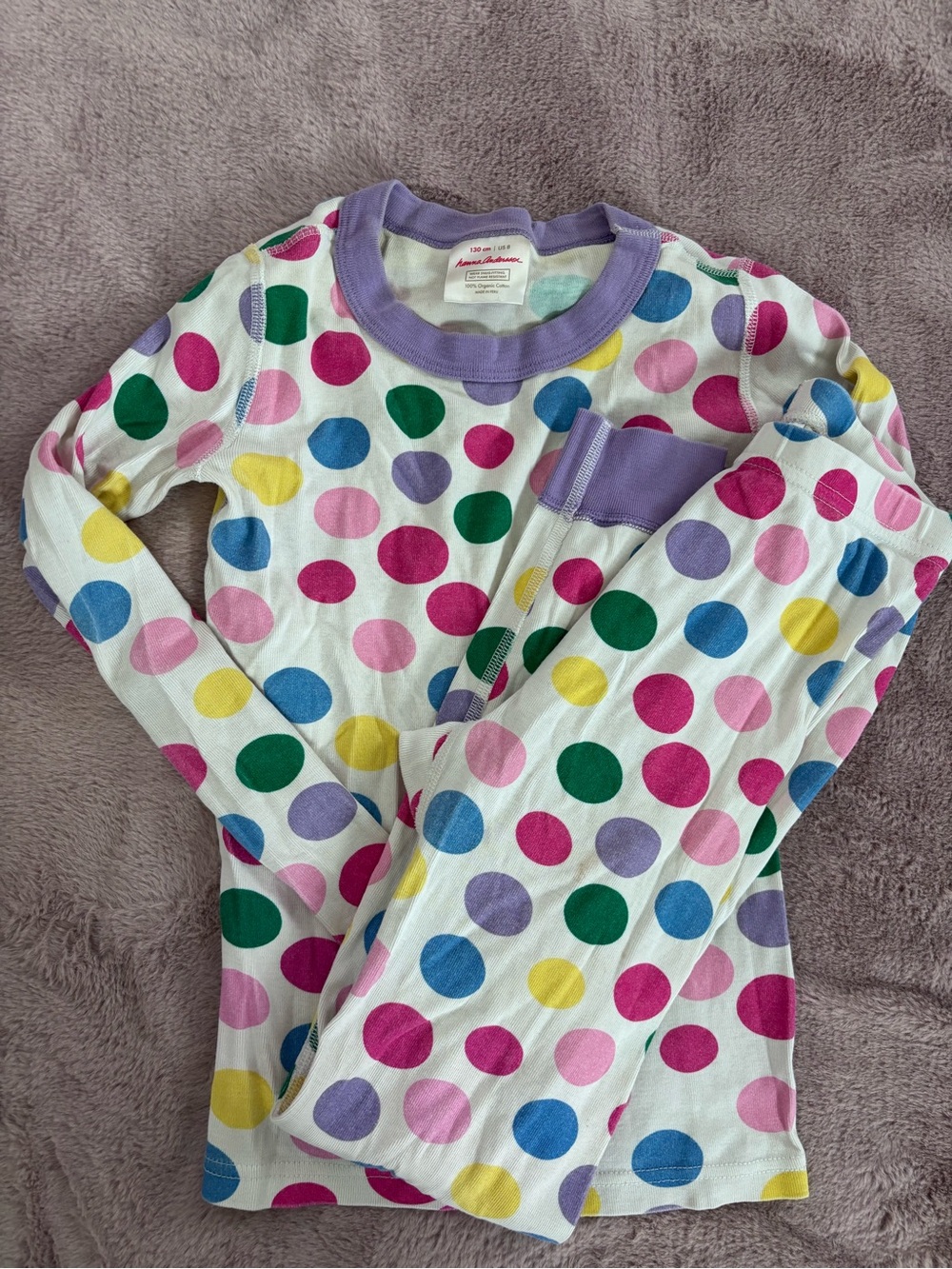 Hanna Andersson White Pajama Set with Multicolor Polka Dots and Lavender Trim